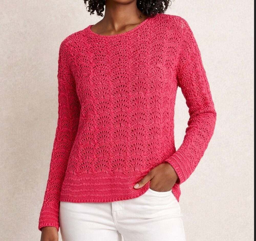 Chico's Pink Crochet Open Knit Long Sleeve Pullover Boho Sweater